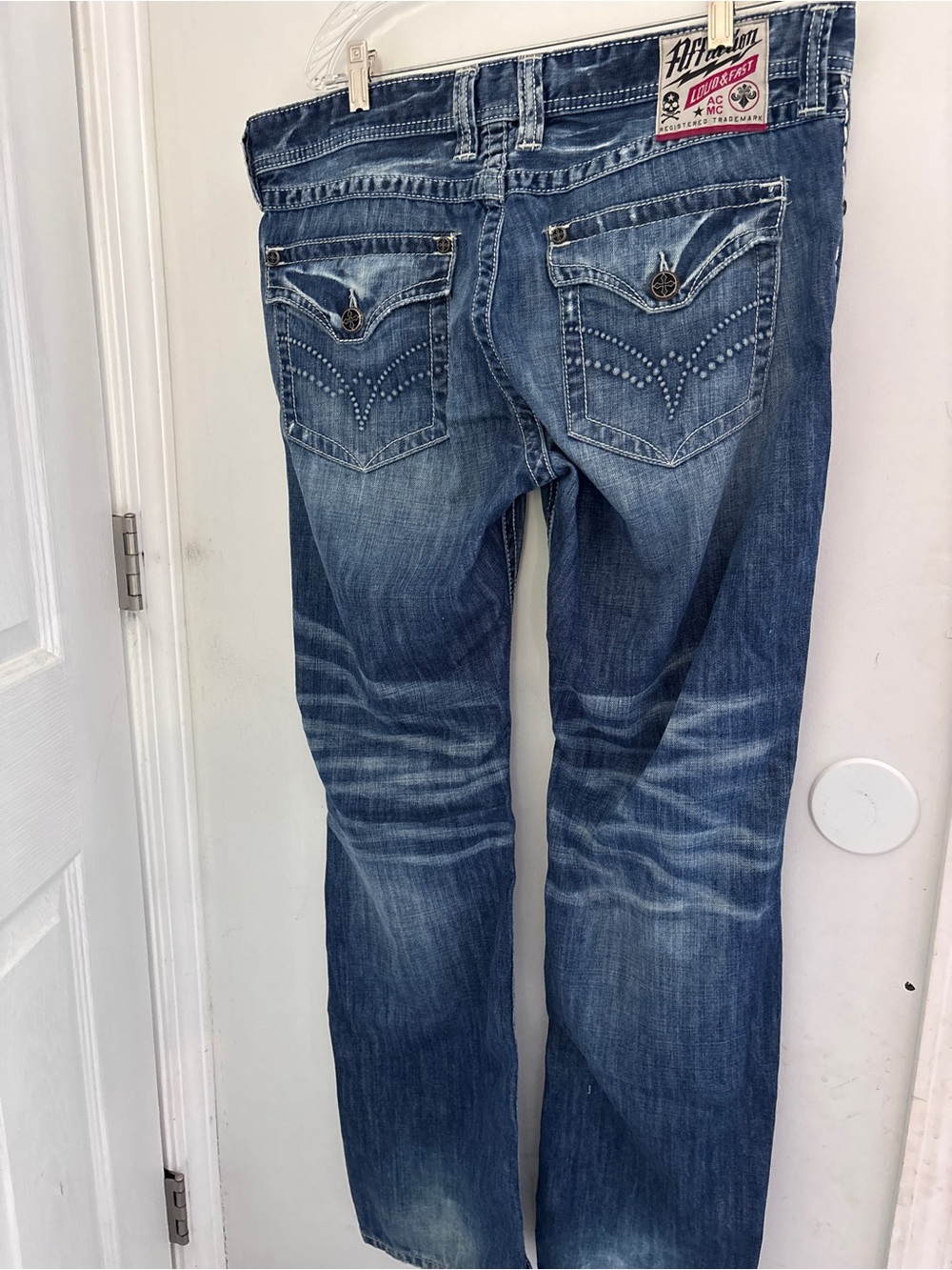 Affliction Women's Blue Cooper Relaxed Jeans with Distressed Paneled Rips 36x32 - Picture 2 of 10
